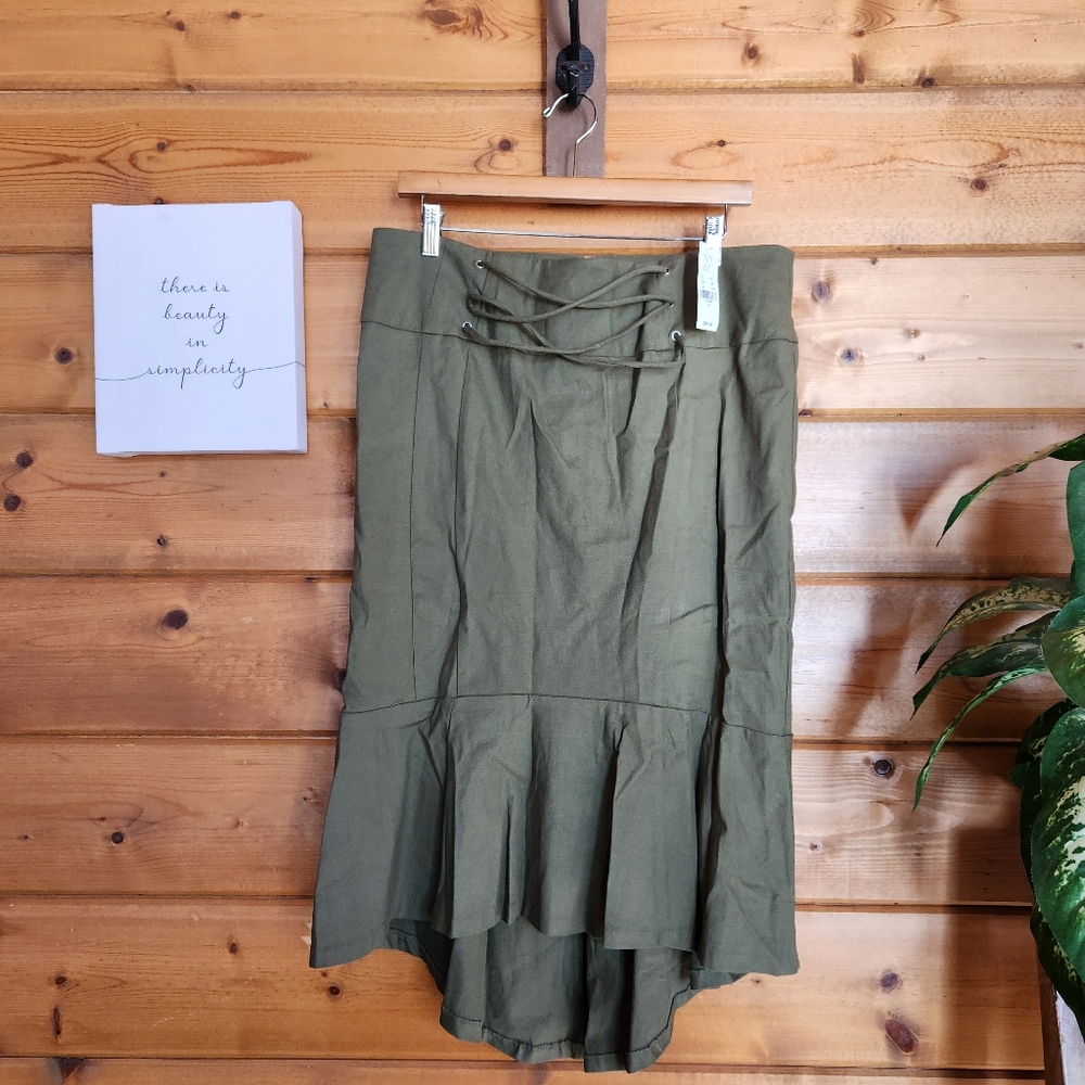 New York & Company 7th Avenue NWT Green High Low Midi Skirt Pleated Linen‎ Sz 14